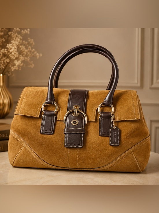 Coach Handbags - Coach Suede SoHo Flap Satchel Handbag in Caramel Brown